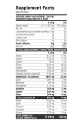 Supplement facts panel for Extrifit Beef Peptides, showing nutritional content and amino acid profile.